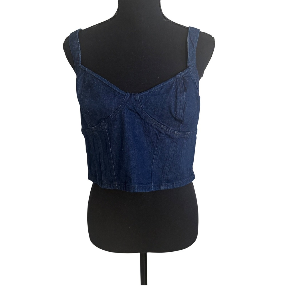 American Eagle Women Y2K Babydoll Dark Wash Denim Corset Crop Top Smocked L